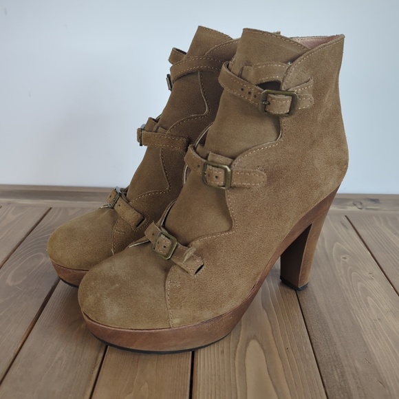 See by Chloe Solfo Buckle Wood Platform Ankle Boots Tan Suede - Picture 6 of 14